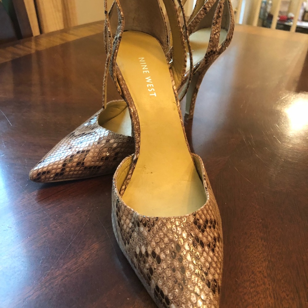 Snakeskin ankle strap Nine West heels.